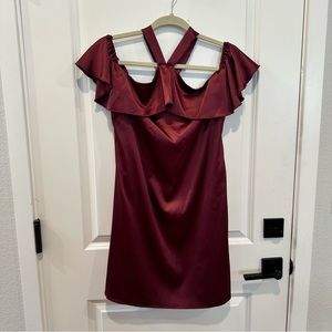 Purple Satiny Cold Shoulder Ruffle Dress